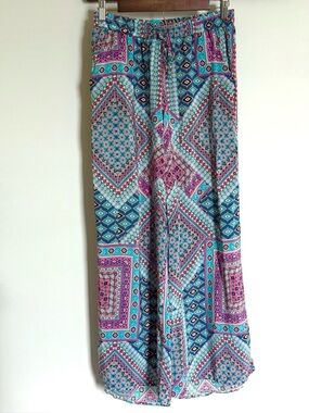 Tolani 100% Silk Printed Wide Leg Pull On Pants Small Boho Bohemian Aztec
